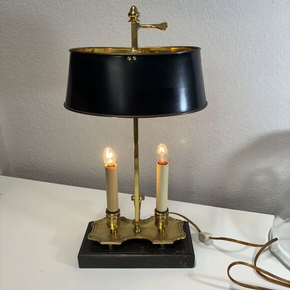Black Shade Bouillette Lamp 2 Candlestick Lights Gold Brass Tone - Picture 6 of 16